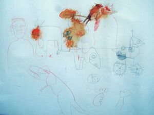 T-Rex, others and a mechanic duck on paper 60 x 80 cm 2017 | Reinhard Stammer | reinhard-stammer.com